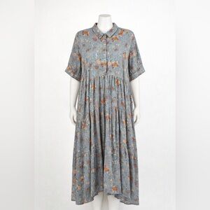 Natural Life XL Blue Floral Tiered Shirt Dress Boho Cottagecore Midi